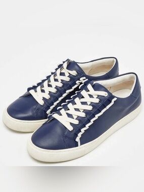 Tory Burch Tory Sport Navy Ruffle Leather Lace Up Sneakers